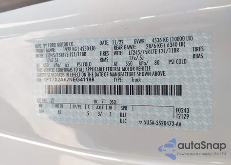 2022 Ford F-250 Xl z USA, uszkodzony, nr VIN 1FT7X2A62NEG41198